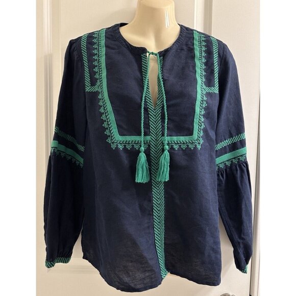 J. Crew Women’s Embroidered Boho Linen & Cotton Navy & Green Top Blouse Size 10 - Picture 1 of 13